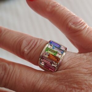 Vibrant Silver Plated Ring with Multicolor Gemstones, Size 6
